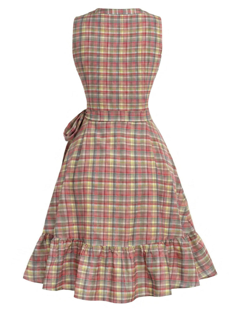 Mehrfarbiges 70er Kleid mit V-Ausschnitt und Rüschen