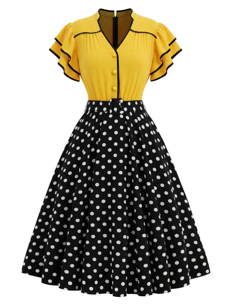 Gelbes & Schwarzes 50er Kleid mit Polka-Dots und Rüschen