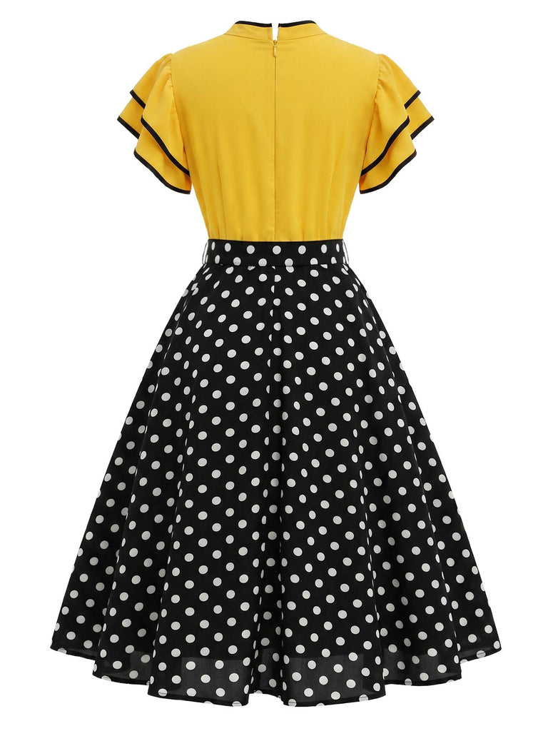 Gelbes & Schwarzes 50er Kleid mit Polka-Dots und Rüschen