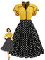 [Vorverkauf] Gelb-schwarzes 50er Kleid mit Polka-Dots und Rüschenärmeln