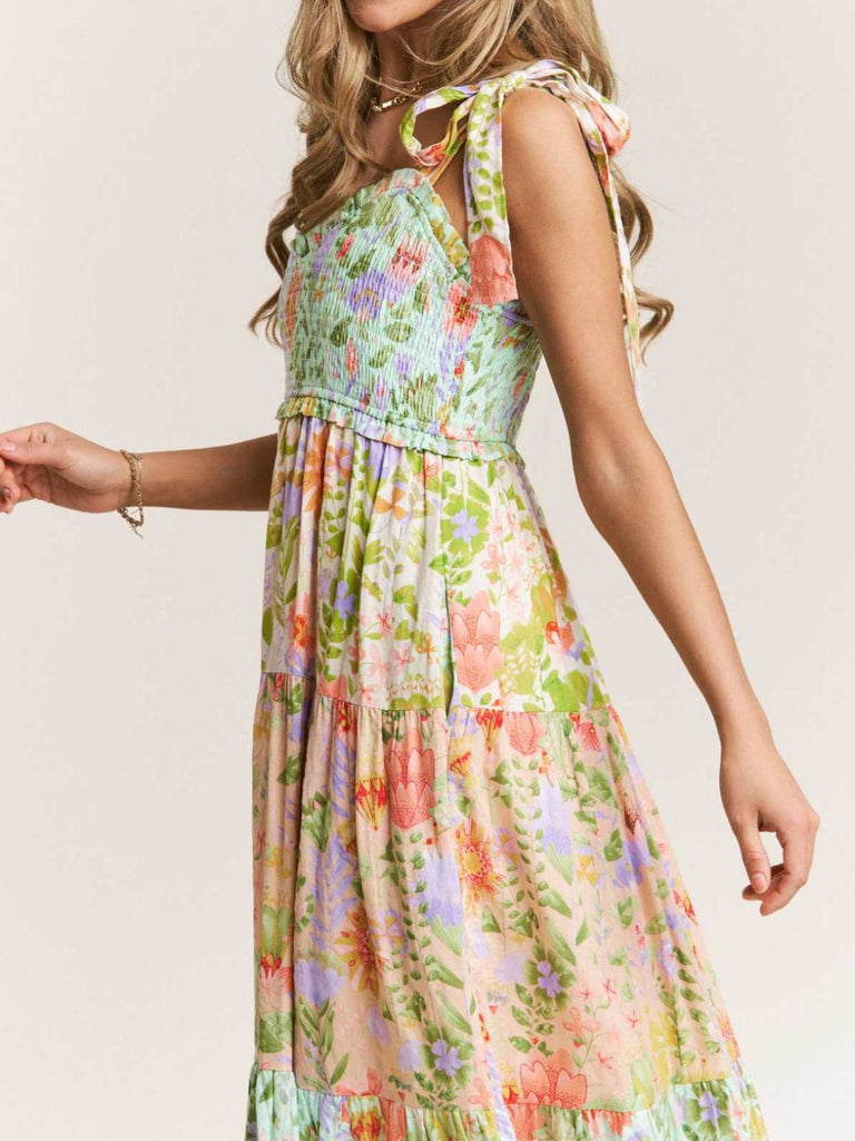 30er Maxikleid mit Blumen und Bindeträgern