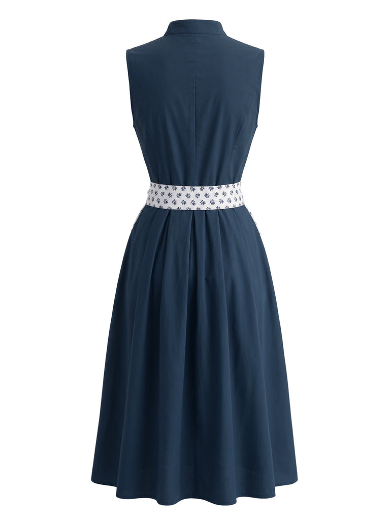 Blaues 50er 2PCS Trägerkleid mit Blumen-Schürze