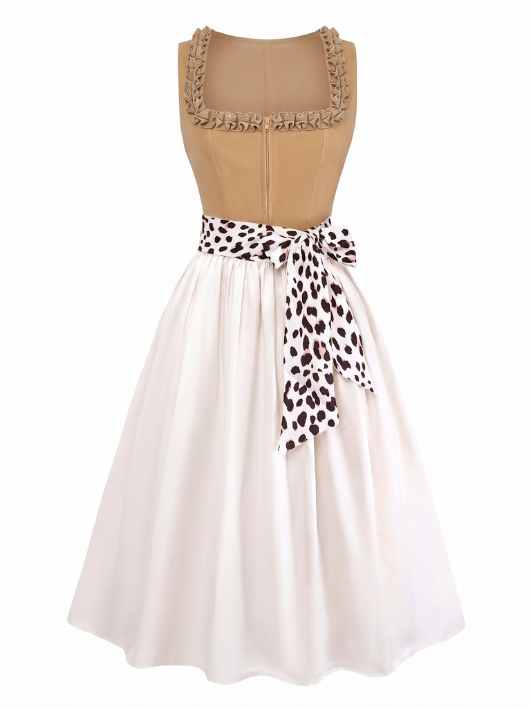Khaki 50er Oktoberfest-Dirndl mit Karree-Ausschnitt und Leopardschürze