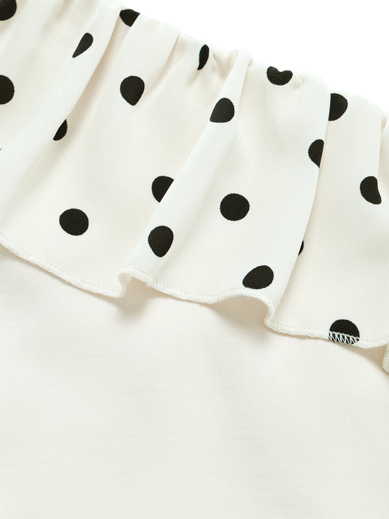 Cremefarbenes 60er Kleid mit One-Shoulder und Polka-Dots