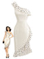 [Vorverkauf] Creme 60er One-Shoulder-Kleid mit Polka Dots und Volants