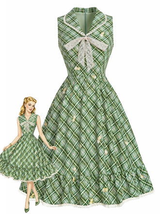 Grünes 40er Swingkleid mit Schleife und Gingham