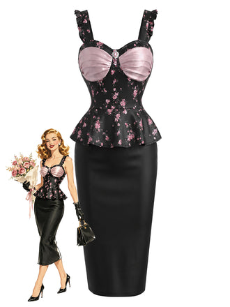 Schwarzes & Rosa 60er Reizwäsche mit Blumen und Peplum