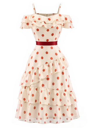 Creme-Rotes 60er Teekleid mit Polka-Dots