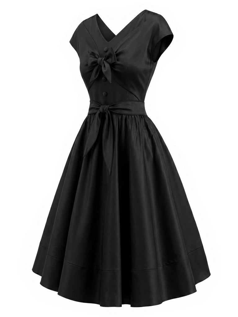 Schwarzes 50er ärmelloses Swingkleid mit V-Ausschnitt
