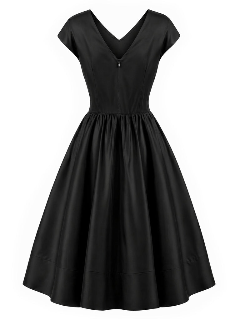 Schwarzes 50er ärmelloses Swingkleid mit V-Ausschnitt