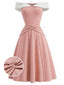 [Vorverkauf] Rosa 50er Swingkleid mit Carmen-Ausschnitt und Taillenschleife