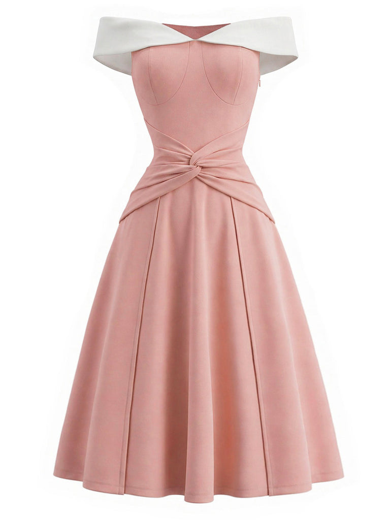 Rosa 50er schulterfreies Swingkleid mit Schleife und Taille