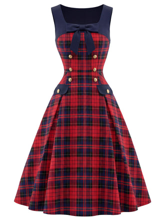50er Tartankleid mit Schleife und eckigem Ausschnitt