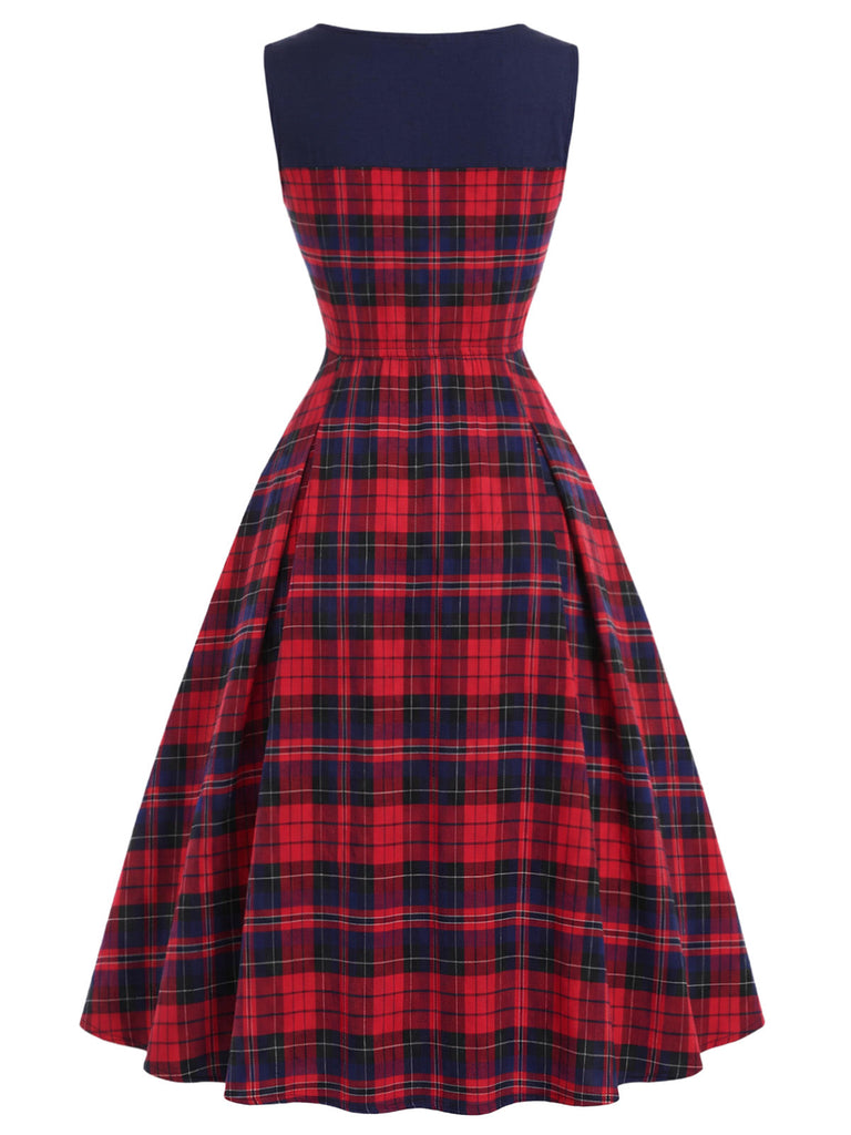 50er Tartankleid mit Schleife und eckigem Ausschnitt