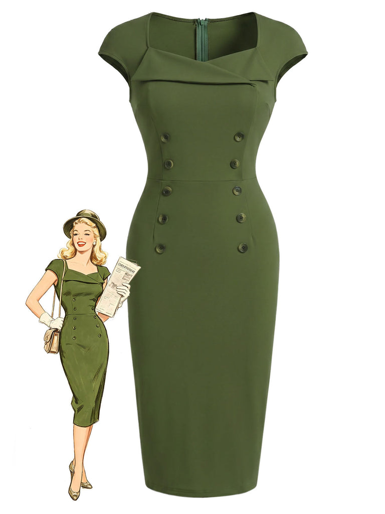 Grünes 60er Kleid mit Herzausschnitt und Knopf