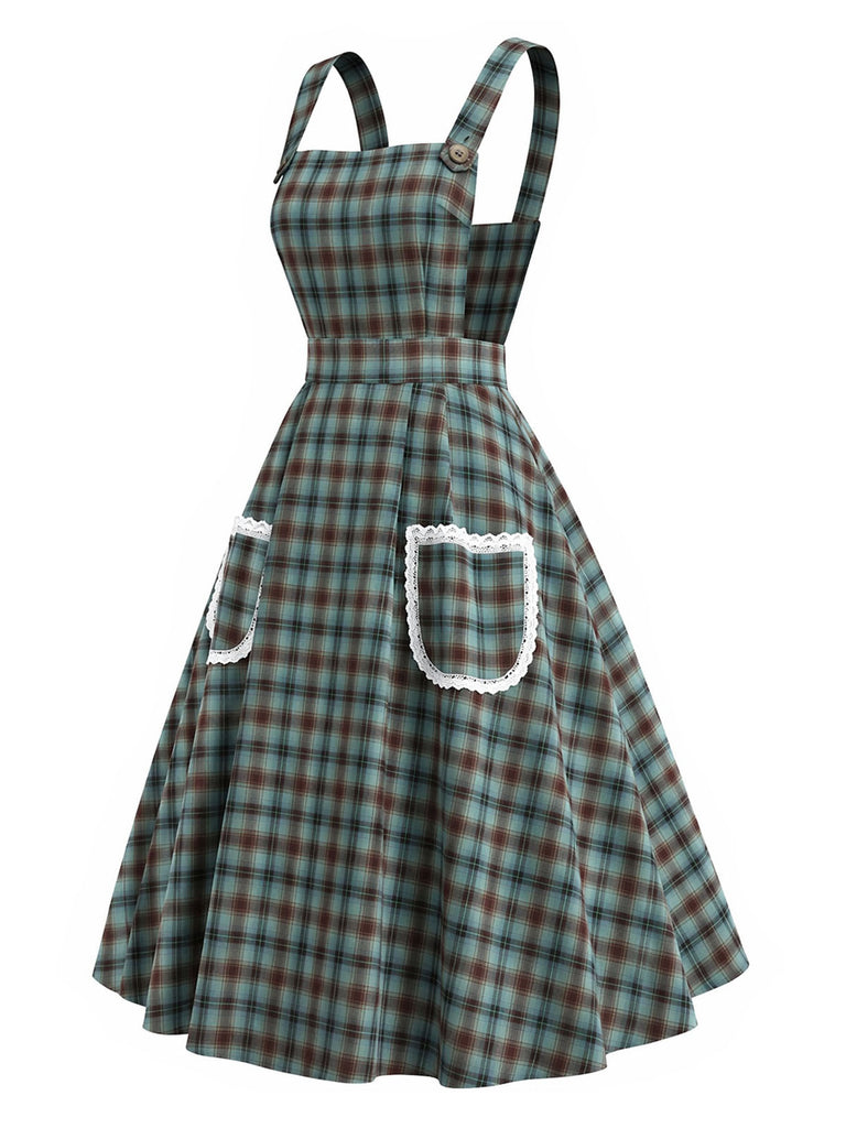 Weißes & Grünes 50er Kleid mit Karo und Spitze