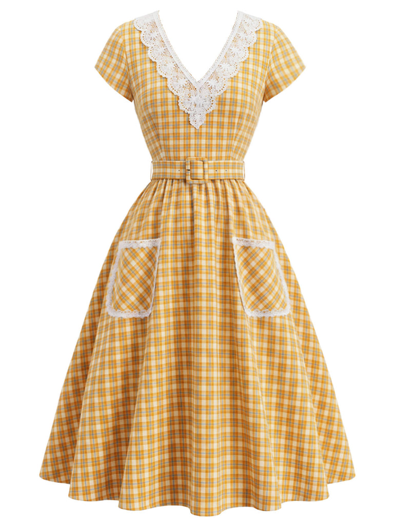 40er Kleid mit V-Ausschnitt und Karo