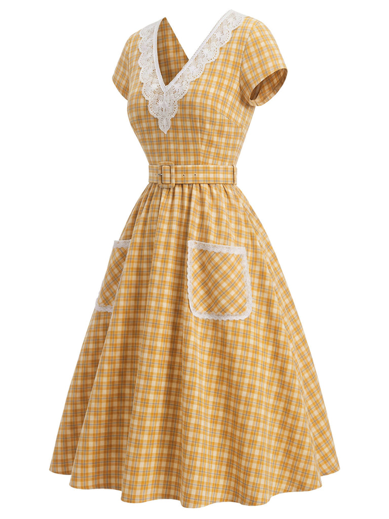 40er Kleid mit V-Ausschnitt und Karo