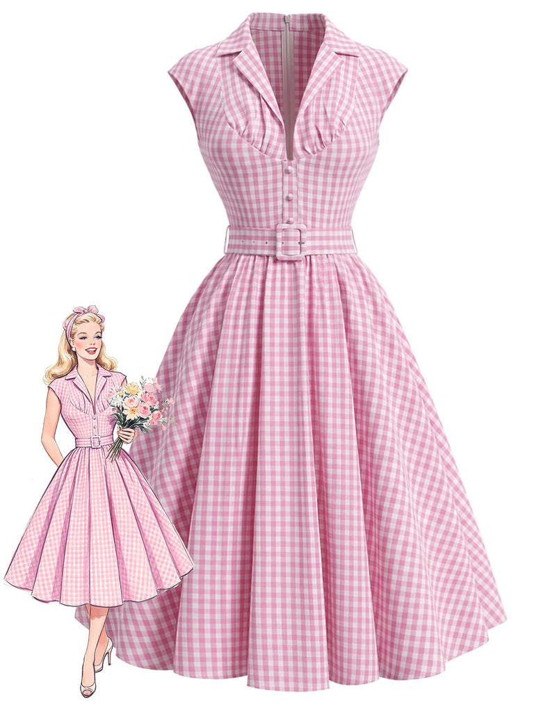 Rosa 40er Swingkleid mit V-Ausschnitt und Gingham