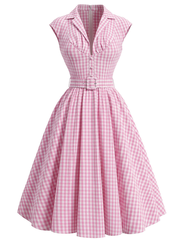 Rosa 40er Swingkleid mit V-Ausschnitt und Gingham