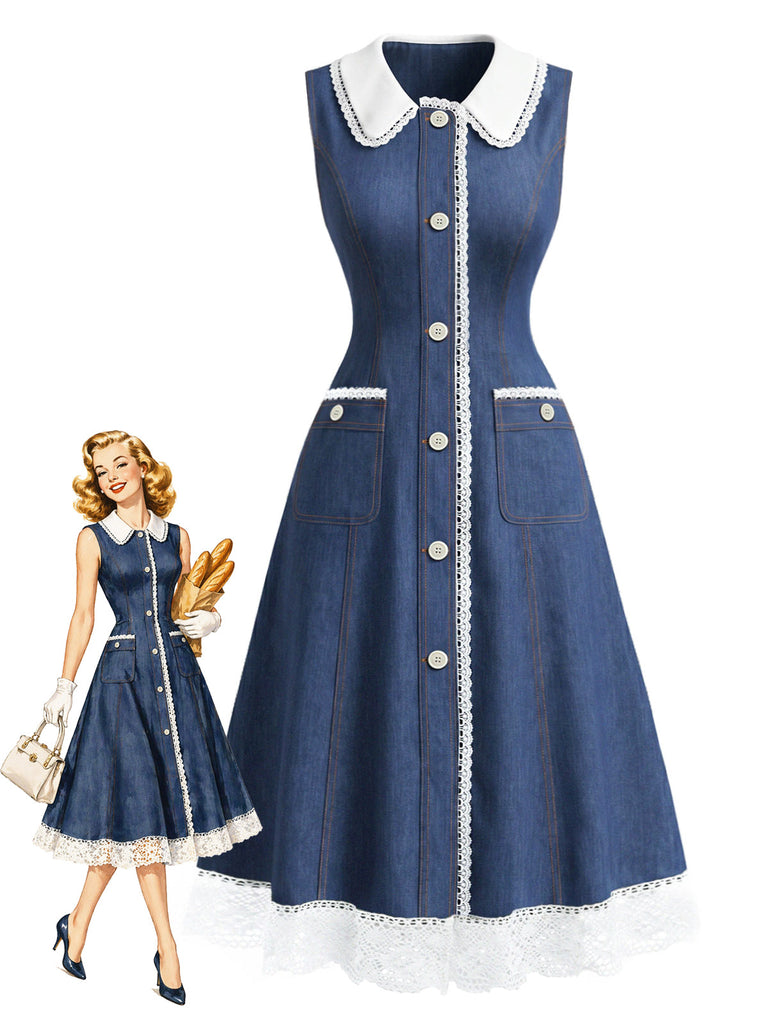 Blaues 60er Jeans-Kleid mit Patchwork und Spitze