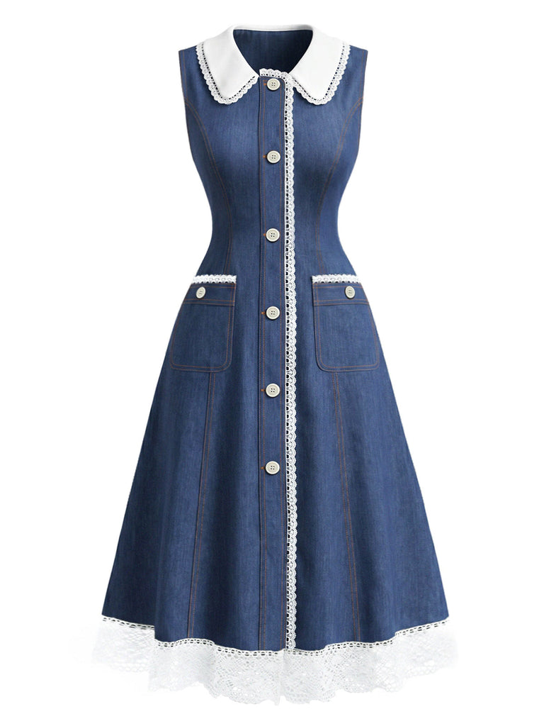 Blaues 60er Jeans-Kleid mit Patchwork und Spitze