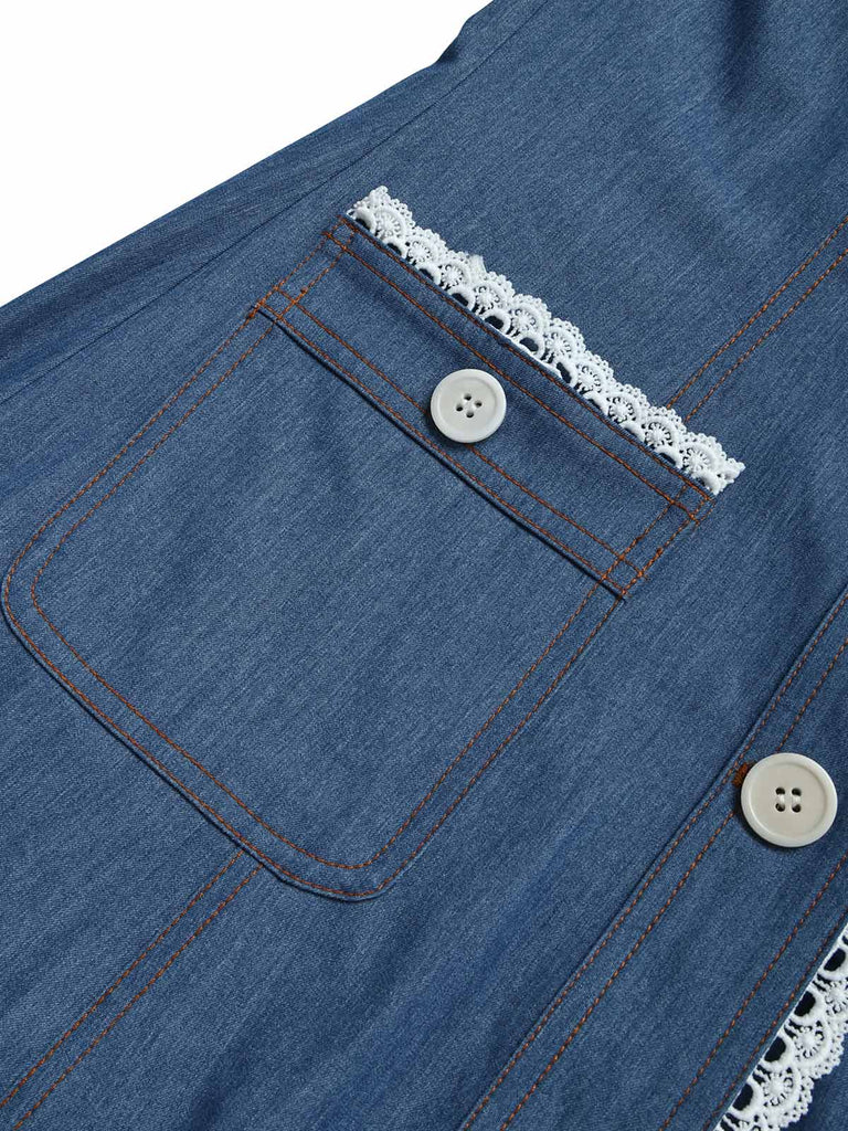 Blaues 60er Jeans-Kleid mit Patchwork und Spitze