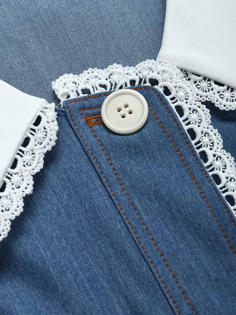 Blaues 60er Jeans-Kleid mit Patchwork und Spitze
