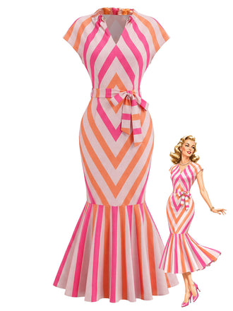 Orange-Rosa 60er Midikleid mit Chevron-Streifen