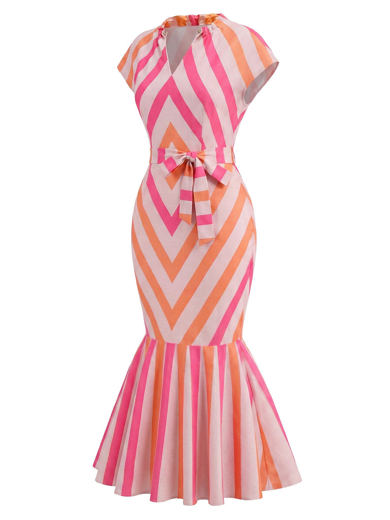 Orange-Rosa 60er Midikleid mit Chevron-Streifen