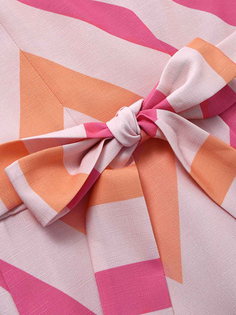 Orange-Rosa 60er Midikleid mit Chevron-Streifen