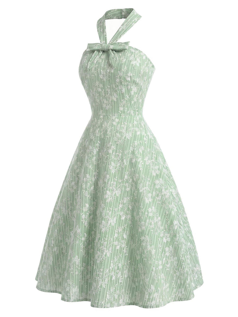 Grünes & Mintgrünes 40er Baumwoll-Swingkleid mit Neckholder und Blumen