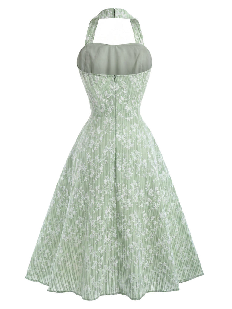 Grünes & Mintgrünes 40er Baumwoll-Swingkleid mit Neckholder und Blumen