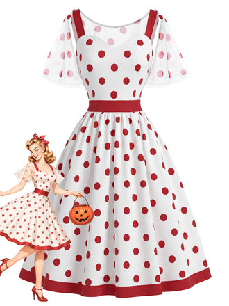 Weißes & Rotes 50er Netz-Kleid mit Polka-Dots