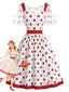 [Vorverkauf] Weißes 50er Kleid mit roten Polka-Dots und abnehmbarem Mesh-Cape