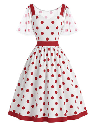 Weißes & Rotes 50er Netz-Kleid mit Polka-Dots