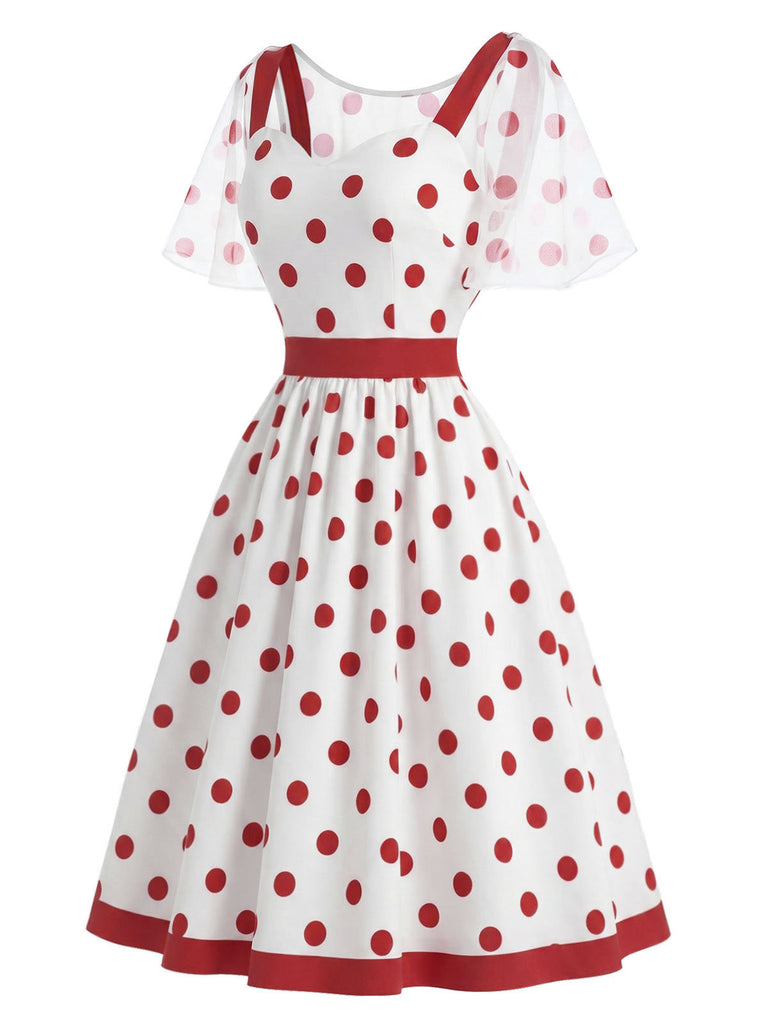 Weißes & Rotes 50er Netz-Kleid mit Polka-Dots