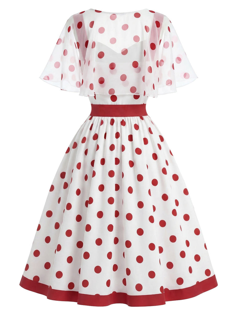 Weißes & Rotes 50er Netz-Kleid mit Polka-Dots