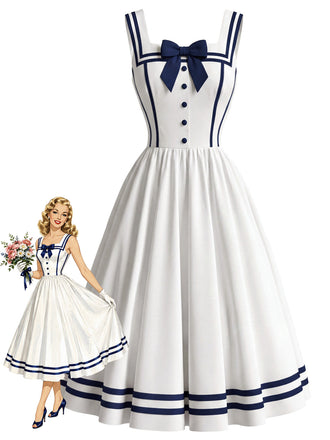 Weißes 50er Kleid mit Eckiger Ausschnitt und Schleife