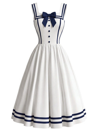 Weißes 50er Kleid mit Eckiger Ausschnitt und Schleife