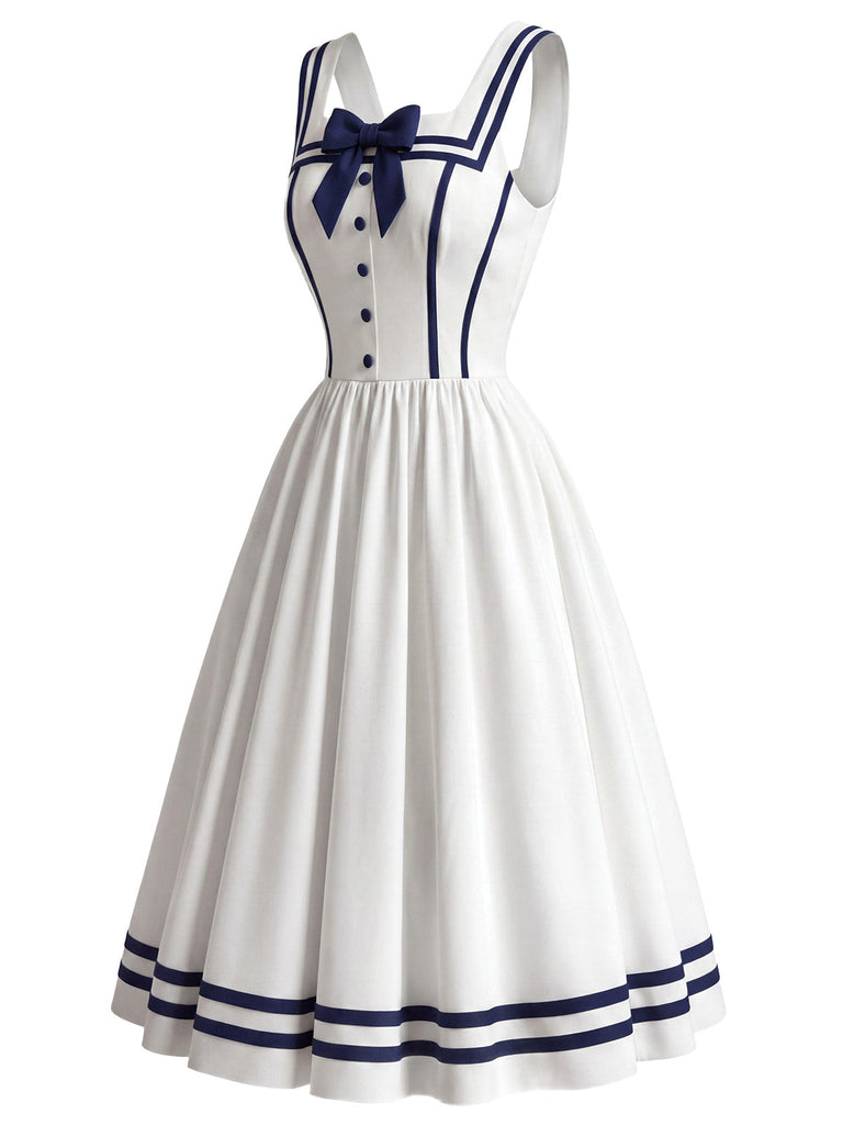Weißes 50er Kleid mit Eckiger Ausschnitt und Schleife