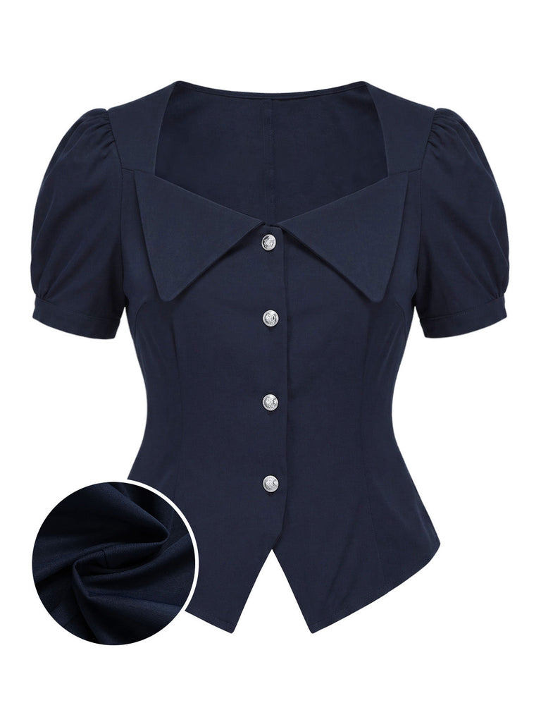 Blaue 50er Bluse mit Kurzarm und Reverskragen