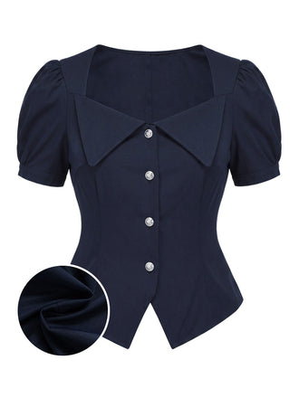 Blaue 50er Bluse mit Kurzarm und Reverskragen