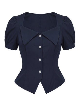 Blaue 50er Bluse mit Kurzarm und Reverskragen