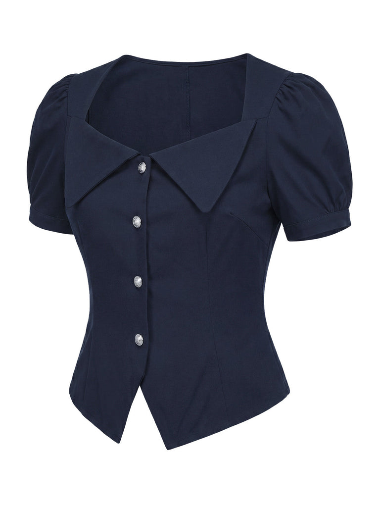 Blaue 50er Bluse mit Kurzarm und Reverskragen