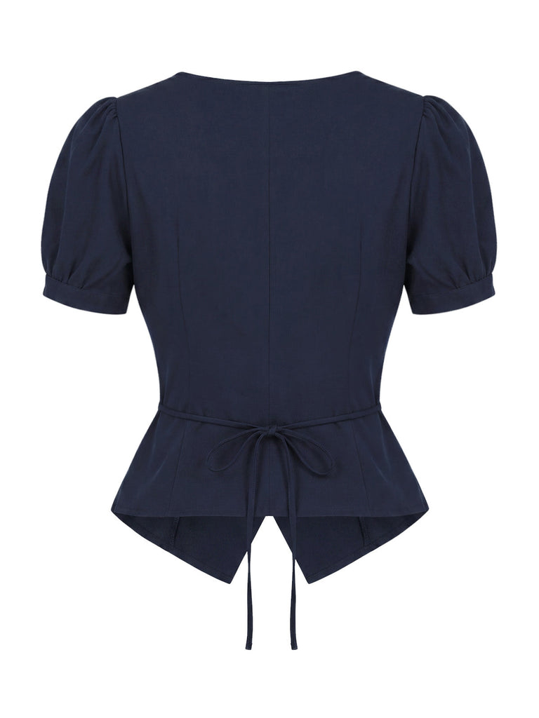 Blaue 50er Bluse mit Kurzarm und Reverskragen