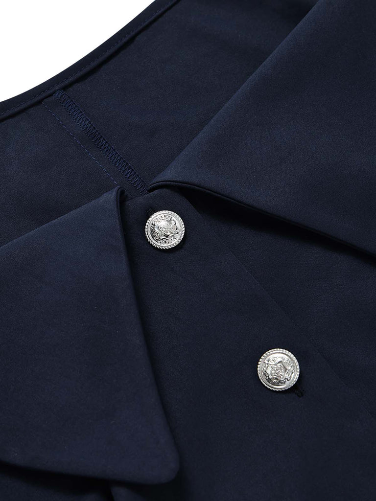 Blaue 50er Bluse mit Kurzarm und Reverskragen