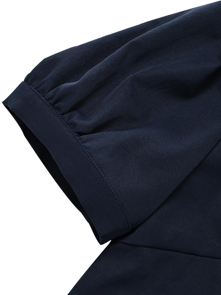 Blaue 50er Bluse mit Kurzarm und Reverskragen