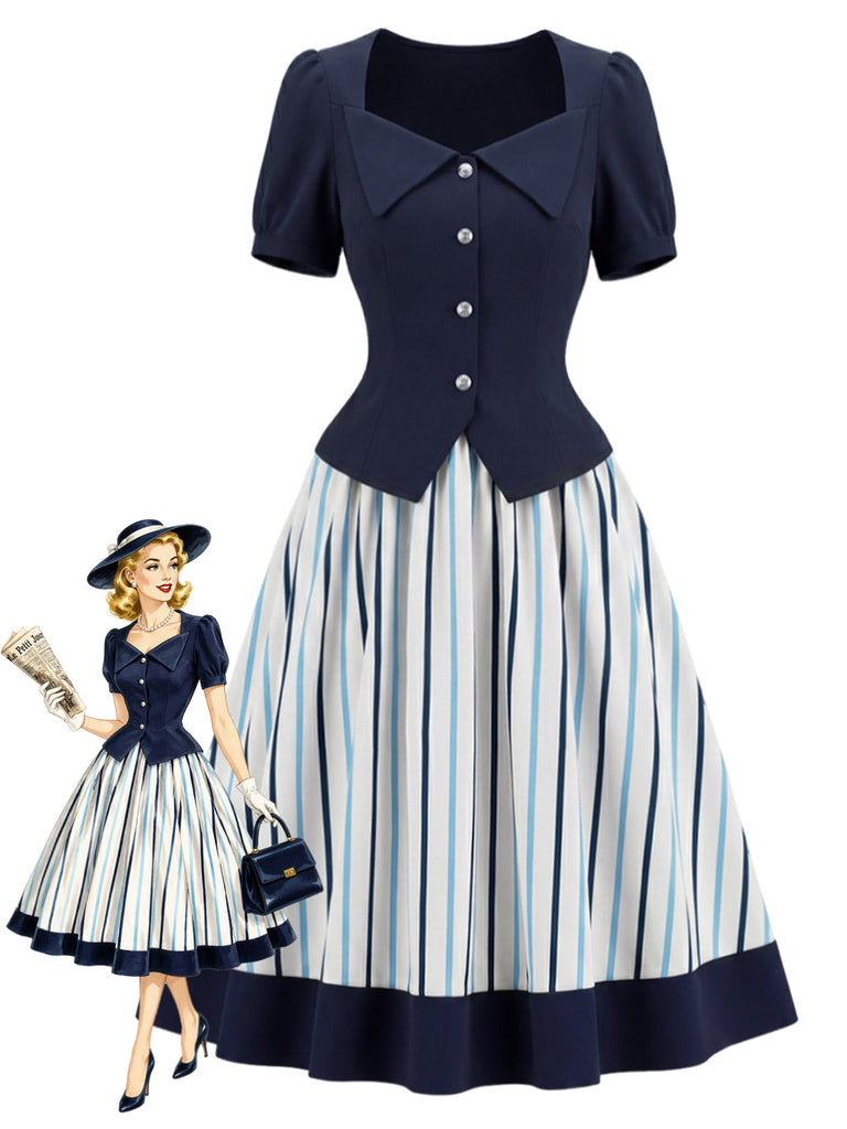 Blaues 50er Set mit Bluse und Streifenrock
