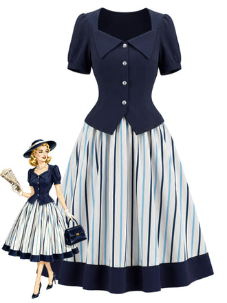 Blaues 50er Set mit Bluse und Streifenrock